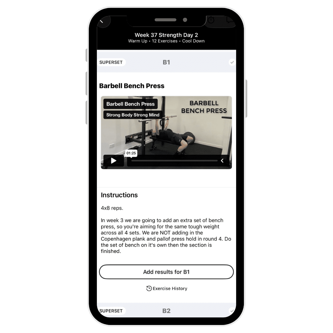 App delivered, full video library 35+ Programme workouts delivered through the coaching app